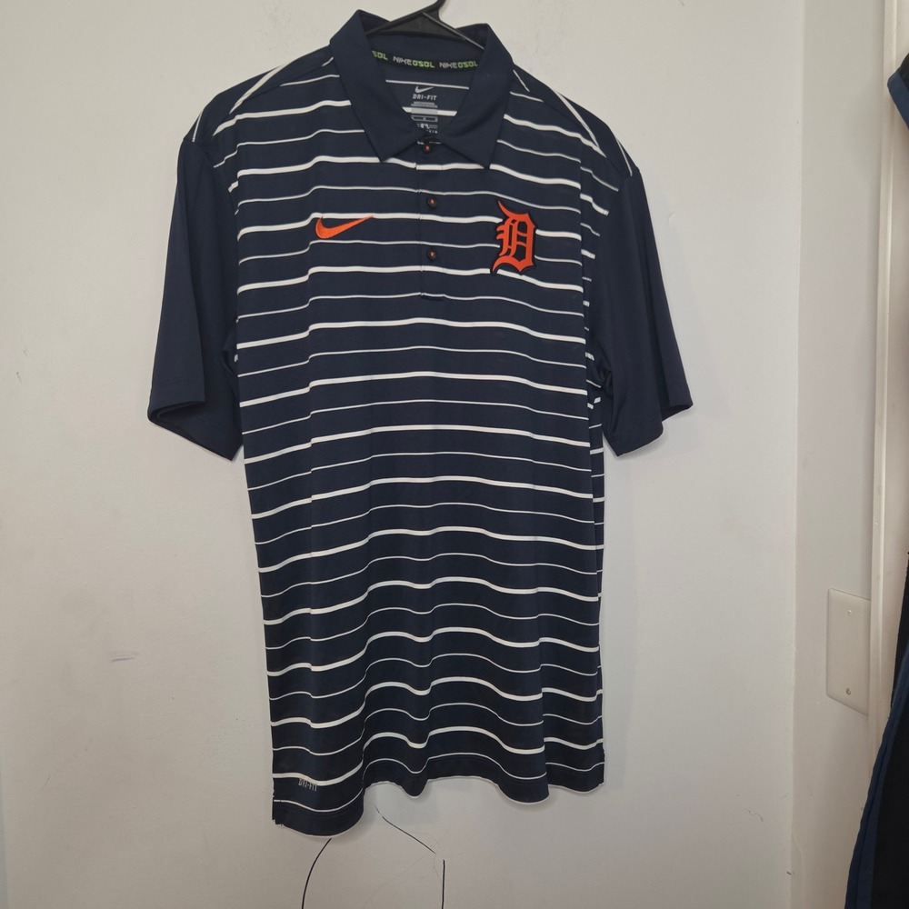 Nike Dri-FIT Detroit Tigers MLB Golf Polo Shirt Mens Medium Navy Blue Striped